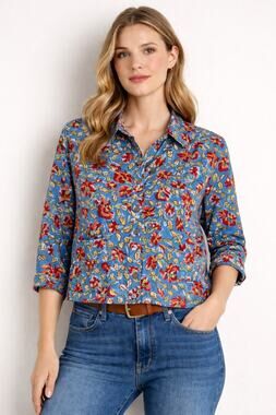 Trade Cloth Floral Button Up Shirt XS Blue Boho Cotton Blouse Front Pockets